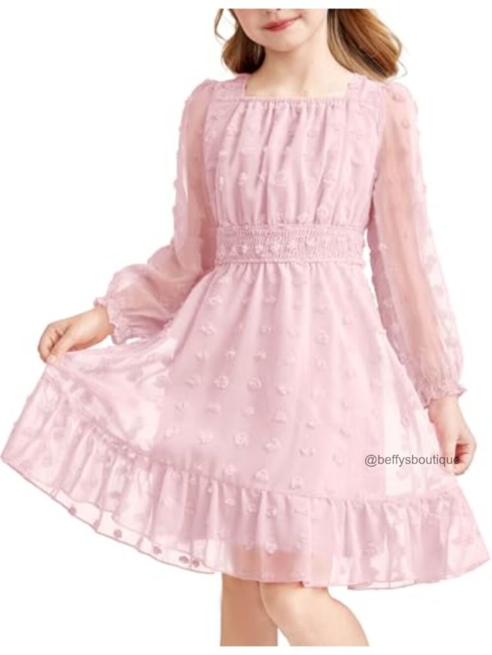 Girls Swiss Dot Long Sleeve Pom Pom Flowy Party Dress